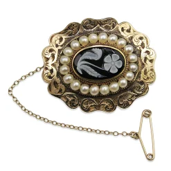 9ct Antique Agate Cameo and Pearl Mourning Brooch