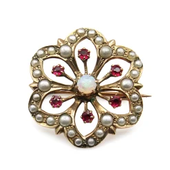 10ct Antique Opal, Ruby and Pearl Floral Brooch