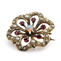10ct Antique Opal, Ruby and Pearl Floral Brooch