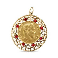 22ct French Sovereign from 1863 in 14ct Yellow Gold Pendant Case with Garnets