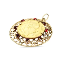 22ct French Sovereign from 1863 in 14ct Yellow Gold Pendant Case with Garnets