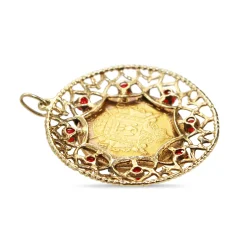 22ct French Sovereign from 1863 in 14ct Yellow Gold Pendant Case with Garnets