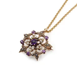 14ct Gold Amethyst and Pearl Brooch and Necklace
