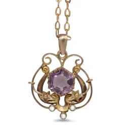 9ct Gold Antique Amethyst and Pearl Necklace