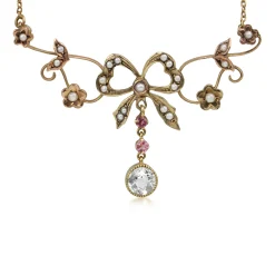 9ct Gold Antique Aquamarine, Pearl and Amethyst Bow Necklace