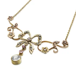 9ct Gold Antique Aquamarine, Pearl and Amethyst Bow Necklace