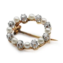 18ct Gold Antique Pearl and Rose Cut Diamond Wreath Brooch