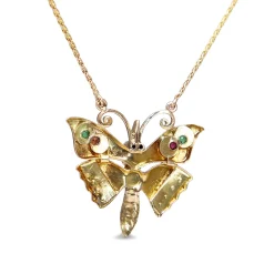 9ct Rose and Yellow Gold Antique Emerald, Pearl and Garnet Butterfly Necklace