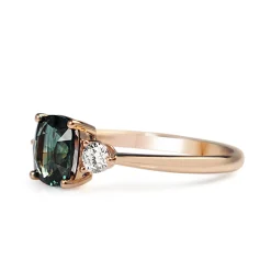 18ct Rose Gold 1.40 Cushion Teal Sapphire and Diamond 3 Stone Ring
