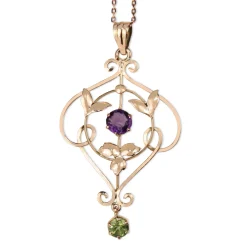 9ct Rose Gold Antique Peridot and Amethyst Suffragette Necklace