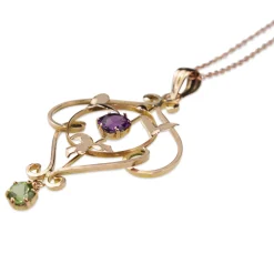 9ct Rose Gold Antique Peridot and Amethyst Suffragette Necklace