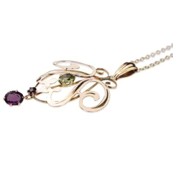 9ct Rose Gold Antique Peridot and Amethyst Suffragette Necklace