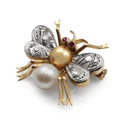 14ct Rose Gold Art Deco Pearl, Ruby and Single Cut Diamond Bee / Bug Brooch
