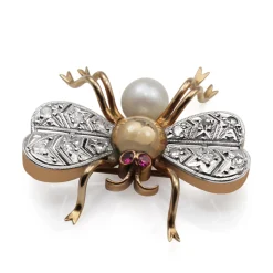 14ct Rose Gold Art Deco Pearl, Ruby and Single Cut Diamond Bee / Bug Brooch
