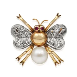 14ct Rose Gold Art Deco Pearl, Ruby and Single Cut Diamond Bee / Bug Brooch