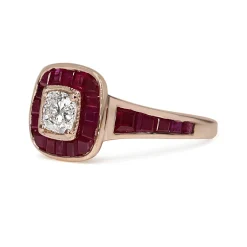 18ct Rose Gold Cushion Cut Diamond and Channel Set Ruby Halo Ring