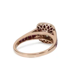 18ct Rose Gold Cushion Cut Diamond and Channel Set Ruby Halo Ring