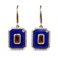 9ct Rose Gold Lapis, Tourmaline and Diamond Drop Earrings