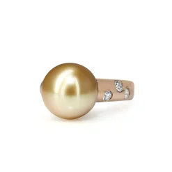 18ct Rose Gold 11mm Golden South Sea Pearl and Diamond Ring