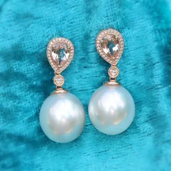 18ct Rose Gold 13.5mm South Sea Pearl, Morganite and Diamond Drop Earrings