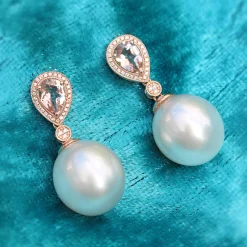 18ct Rose Gold 13.5mm South Sea Pearl, Morganite and Diamond Drop Earrings