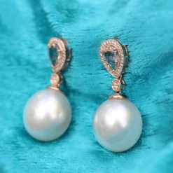 18ct Rose Gold 13.5mm South Sea Pearl, Morganite and Diamond Drop Earrings