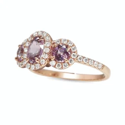 18ct Rose Gold Pink Sapphire 3 Stone Halo Ring