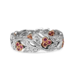 9ct White and Rose Gold Pink Sapphire and Diamond Floral Band Ring