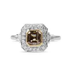18ct White and Yellow Gold Deco Style Champagne Diamond Halo Ring
