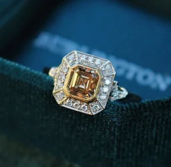 18ct White and Yellow Gold Deco Style Champagne Diamond Halo Ring