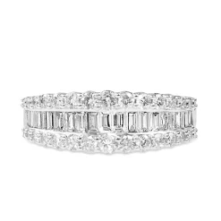 14ct White Gold 3 Row Baguette and Brilliant Cut Diamond Band Ring