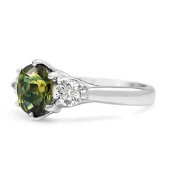 18ct White Gold 3 Stone Green Sapphire and Diamond Ring