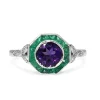 9ct White Gold Amethyst, Emerald and Diamond Deco Style Ring