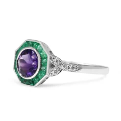 9ct White Gold Amethyst, Emerald and Diamond Deco Style Ring