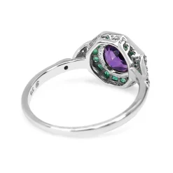 9ct White Gold Amethyst, Emerald and Diamond Deco Style Ring