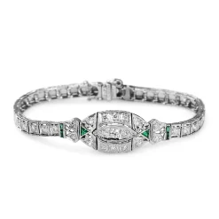 18ct White Gold and Platinum Art Deco Emerald and Diamond Bracelet