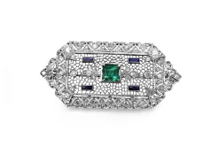 18ct White Gold Antique Emerald, Sapphire and Diamond Brooch