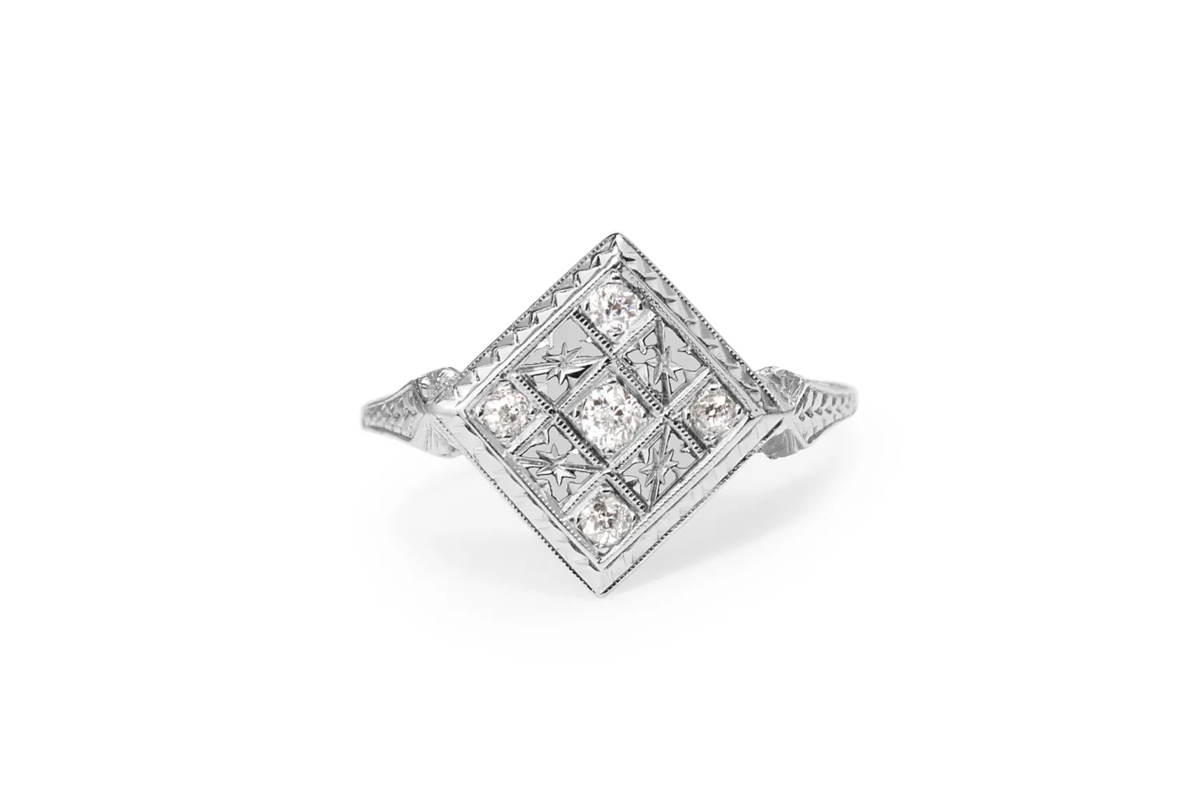 18ct White Gold Antique Old Cut Diamond Checkerboard Ring