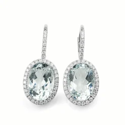 18ct White Gold Aquamarine and Diamond Drop Halo Earrings