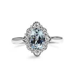 9ct White Gold Aquamarine and Diamond Vintage Style Halo Ring