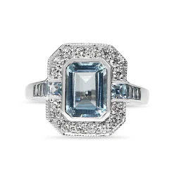 9ct White Gold Aquamarine and Diamond Halo Ring