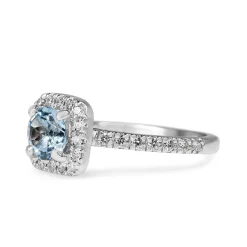 18ct White Gold Aquamarine and Diamond Cushion Shaped Halo Ring