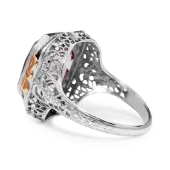 18ct White Gold Art Deco Amethyst Filigree Ring with Rose Gold Detail