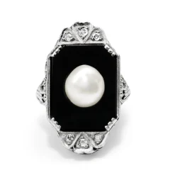 18ct White Gold Art Deco Onyx, Pearl and Old Cut Diamond Ring
