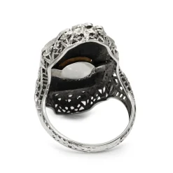 18ct White Gold Art Deco Onyx, Pearl and Old Cut Diamond Ring