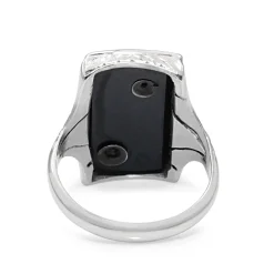 14ct White Gold Art Deco Pearl, Onyx and Old Cut Diamond Ring