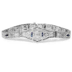 10ct White Gold Art Deco Sapphire and Diamond Filigree Bracelet