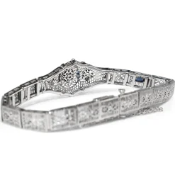 10ct White Gold Art Deco Sapphire and Diamond Filigree Bracelet
