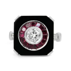 18ct White Gold Art Deco Style Onyx, Ruby and Diamond Ring