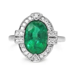 18ct White Gold Art Deco Style Emerald and Diamond Halo Ring